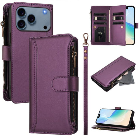 Magnetic Closure 9 Card Slots Zipper Leather Case with Hand Strap, For iPhone 18 Pro / 17 Pro, For iPhone 18 Pro Max / 17 Pro Max, For iPhone 17e / 16e, For iPhone 17, For iPhone Air, For iPhone 16 Pro Max, For iPhone 16 Pro, For iPhone 16 Plus