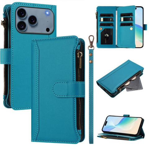 Magnetic Closure 9 Card Slots Zipper Leather Case with Hand Strap, For iPhone 18 Pro / 17 Pro, For iPhone 18 Pro Max / 17 Pro Max, For iPhone 17e / 16e, For iPhone 17, For iPhone Air, For iPhone 16 Pro Max, For iPhone 16 Pro, For iPhone 16 Plus
