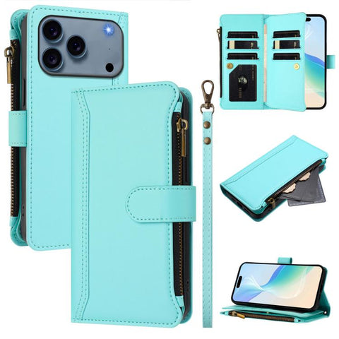 Magnetic Closure 9 Card Slots Zipper Leather Case with Hand Strap, For iPhone 18 Pro / 17 Pro, For iPhone 18 Pro Max / 17 Pro Max, For iPhone 17e / 16e, For iPhone 17, For iPhone Air, For iPhone 16 Pro Max, For iPhone 16 Pro, For iPhone 16 Plus