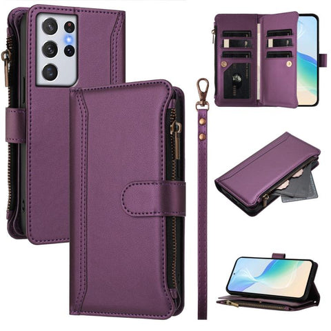 Magnetic Closure 9 Card Slots Zipper Leather Case with Hand Strap, For Samsung Galaxy S22+ 5G, For Samsung Galaxy S22 5G, For Samsung Galaxy S21 FE 5G, For Samsung Galaxy S21 5G, For Samsung Galaxy S21+ 5G, For Samsung Galaxy S21 Ultra 5G