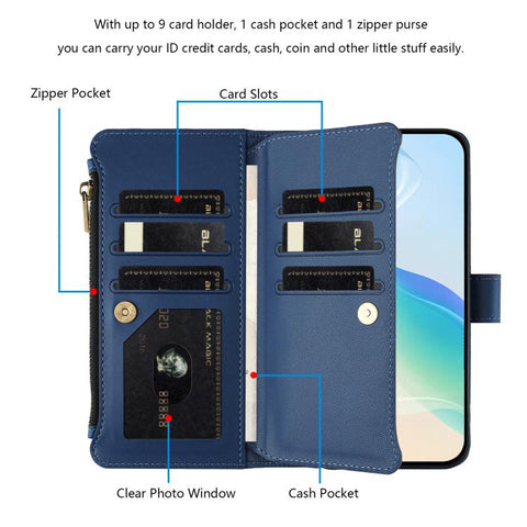 Magnetic Closure 9 Card Slots Zipper Leather Case with Hand Strap, For Samsung Galaxy A42 5G / M42 5G, For Samsung Galaxy A32 4G, For Samsung Galaxy A02 / M02, For Samsung Galaxy A72 5G / 4G, For Samsung Galaxy A02s 164mm, For Samsung Galaxy A02s 166mm
