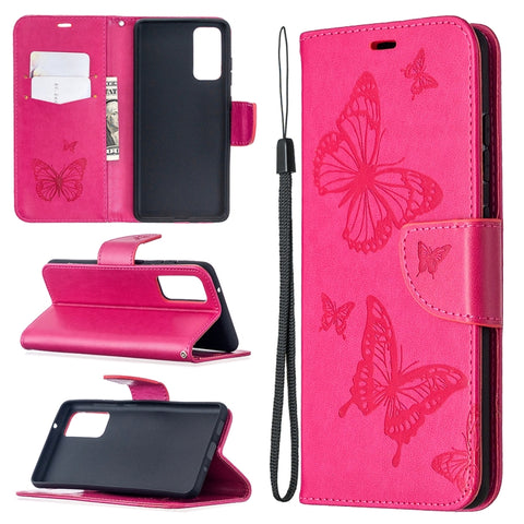 Embossing Two Butterflies Pattern Horizontal Flip PU Leather Case with Holder & Card Slot & Wallet & Lanyard, For Galaxy S20 FE 5G / S20 Lite