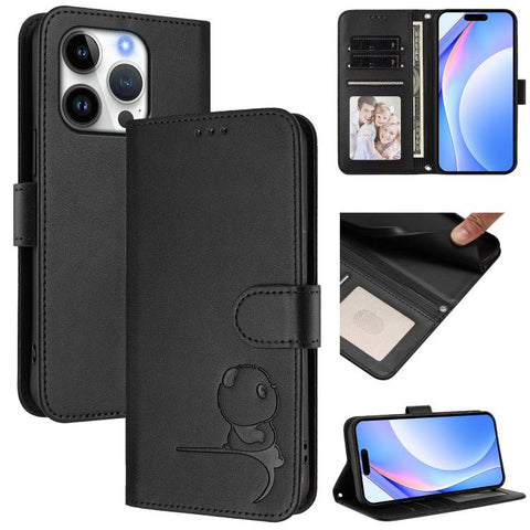 Litter Panda Embossing RFID Leather Phone Case with Lanyard, For iPhone 18 Pro / 17 Pro, For iPhone 18 Pro Max / 17 Pro Max, For iPhone 17e / 16e, For iPhone 17, For iPhone Air, For iPhone 16 Pro Max, For iPhone 16 Pro, For iPhone 16 Plus