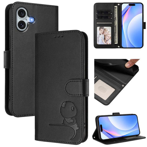 Litter Panda Embossing RFID Leather Phone Case with Lanyard, For iPhone 18 Pro / 17 Pro, For iPhone 18 Pro Max / 17 Pro Max, For iPhone 17e / 16e, For iPhone 17, For iPhone Air, For iPhone 16 Pro Max, For iPhone 16 Pro, For iPhone 16 Plus