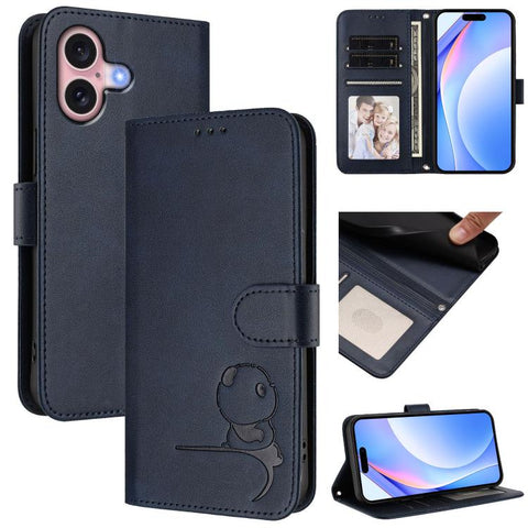 Litter Panda Embossing RFID Leather Phone Case with Lanyard, For iPhone 16, For iPhone 15 Pro Max, For iPhone 15 Pro, For iPhone 15 Plus, For iPhone 15, For iPhone 14 Plus, For iPhone 14 / 13, For iPhone 14 Pro