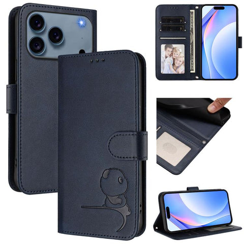 Litter Panda Embossing RFID Leather Phone Case with Lanyard, For iPhone 18 Pro / 17 Pro, For iPhone 18 Pro Max / 17 Pro Max, For iPhone 17e / 16e, For iPhone 17, For iPhone Air, For iPhone 16 Pro Max, For iPhone 16 Pro, For iPhone 16 Plus
