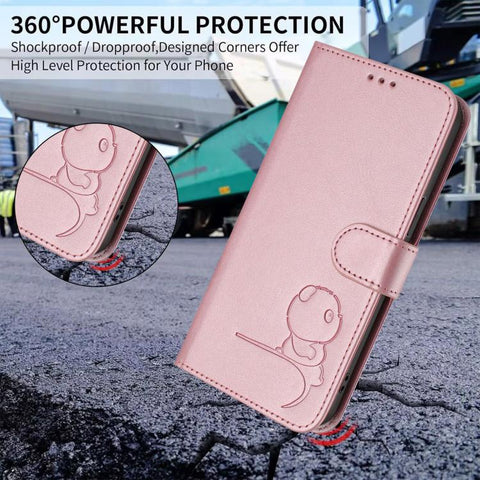 Litter Panda Embossing RFID Leather Phone Case with Lanyard, For iPhone 18 Pro / 17 Pro, For iPhone 18 Pro Max / 17 Pro Max, For iPhone 17e / 16e, For iPhone 17, For iPhone Air, For iPhone 16 Pro Max, For iPhone 16 Pro, For iPhone 16 Plus