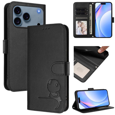 Litter Panda Embossing RFID Leather Phone Case with Lanyard, For iPhone 18 Pro / 17 Pro, For iPhone 18 Pro Max / 17 Pro Max, For iPhone 17e / 16e, For iPhone 17, For iPhone Air, For iPhone 16 Pro Max, For iPhone 16 Pro, For iPhone 16 Plus