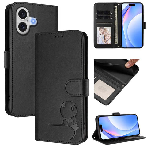 Litter Panda Embossing RFID Leather Phone Case with Lanyard, For iPhone 18 Pro / 17 Pro, For iPhone 18 Pro Max / 17 Pro Max, For iPhone 17e / 16e, For iPhone 17, For iPhone Air, For iPhone 16 Pro Max, For iPhone 16 Pro, For iPhone 16 Plus