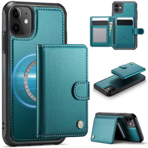 JEEHOOD J09 Buckle Card Bag MagSafe Magnetic Style RFID Leather Phone Case, For iPhone SE 2022 / SE 2020 / 8 / 7, For iPhone 13 Pro Max, For iPhone 13 Pro, For iPhone 13, For iPhone 12 / 12 Pro, For iPhone 11 Pro Max, For iPhone 11, For iPhone 11 Pro