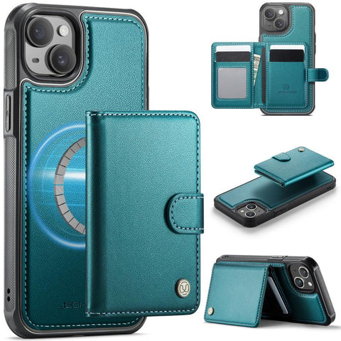 JEEHOOD J09 Buckle Card Bag MagSafe Magnetic Style RFID Leather Phone Case, For iPhone SE 2022 / SE 2020 / 8 / 7, For iPhone 13 Pro Max, For iPhone 13 Pro, For iPhone 13, For iPhone 12 / 12 Pro, For iPhone 11 Pro Max, For iPhone 11, For iPhone 11 Pro