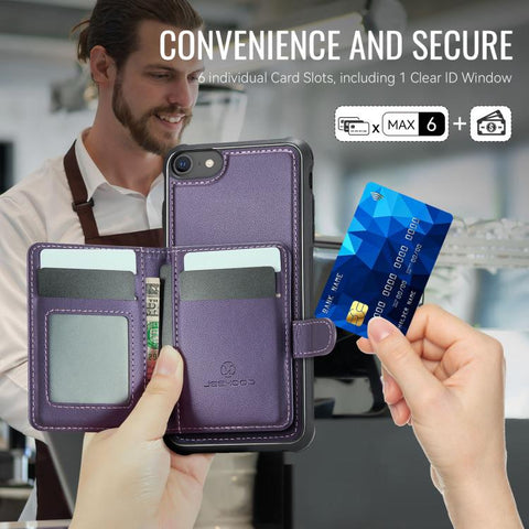 JEEHOOD J09 Buckle Card Bag MagSafe Magnetic Style RFID Leather Phone Case, For iPhone SE 2022 / SE 2020 / 8 / 7, For iPhone 13 Pro Max, For iPhone 13 Pro, For iPhone 13, For iPhone 12 / 12 Pro, For iPhone 11 Pro Max, For iPhone 11, For iPhone 11 Pro
