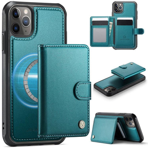 JEEHOOD J09 Buckle Card Bag MagSafe Magnetic Style RFID Leather Phone Case, For iPhone SE 2022 / SE 2020 / 8 / 7, For iPhone 13 Pro Max, For iPhone 13 Pro, For iPhone 13, For iPhone 12 / 12 Pro, For iPhone 11 Pro Max, For iPhone 11, For iPhone 11 Pro