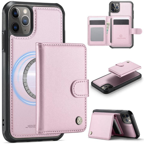 JEEHOOD J09 Buckle Card Bag MagSafe Magnetic Style RFID Leather Phone Case, For iPhone SE 2022 / SE 2020 / 8 / 7, For iPhone 13 Pro Max, For iPhone 13 Pro, For iPhone 13, For iPhone 12 / 12 Pro, For iPhone 11 Pro Max, For iPhone 11, For iPhone 11 Pro
