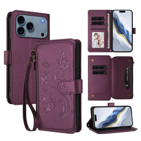 Butterfly Love Flower Multi-card Zipper Wallet Leather Phone Case, For iPhone 18 Pro / 17 Pro, For iPhone 18 Pro Max / 17 Pro Max, For iPhone 17e / 16e, For iPhone 17, For iPhone Air, For iPhone 16 Pro Max