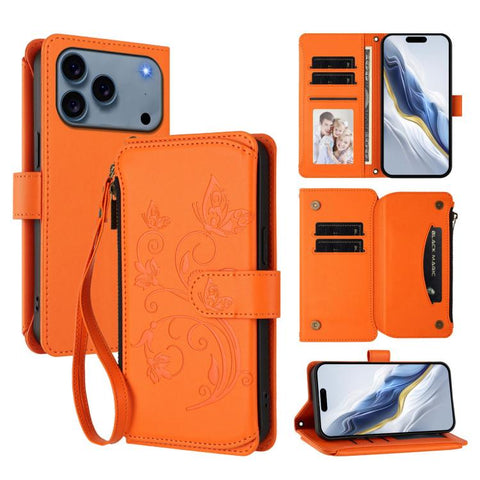 Butterfly Love Flower Multi-card Zipper Wallet Leather Phone Case, For iPhone 18 Pro / 17 Pro, For iPhone 18 Pro Max / 17 Pro Max, For iPhone 17e / 16e, For iPhone 17, For iPhone Air, For iPhone 16 Pro Max