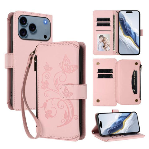 Butterfly Love Flower Multi-card Zipper Wallet Leather Phone Case, For iPhone 18 Pro / 17 Pro, For iPhone 18 Pro Max / 17 Pro Max, For iPhone 17e / 16e, For iPhone 17, For iPhone Air, For iPhone 16 Pro Max