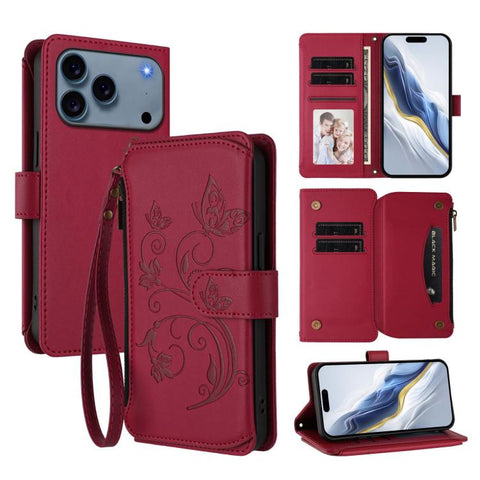 Butterfly Love Flower Multi-card Zipper Wallet Leather Phone Case, For iPhone 18 Pro / 17 Pro, For iPhone 18 Pro Max / 17 Pro Max, For iPhone 17e / 16e, For iPhone 17, For iPhone Air, For iPhone 16 Pro Max