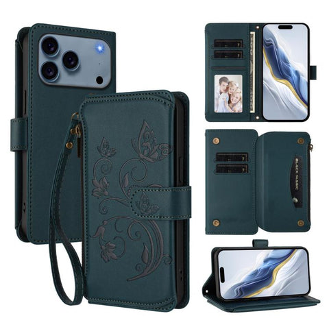 Butterfly Love Flower Multi-card Zipper Wallet Leather Phone Case, For iPhone 18 Pro / 17 Pro, For iPhone 18 Pro Max / 17 Pro Max, For iPhone 17e / 16e, For iPhone 17, For iPhone Air, For iPhone 16 Pro Max