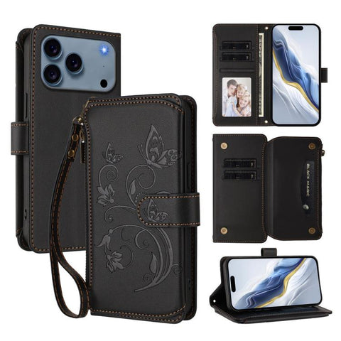 Butterfly Love Flower Multi-card Zipper Wallet Leather Phone Case, For iPhone 18 Pro / 17 Pro, For iPhone 18 Pro Max / 17 Pro Max, For iPhone 17e / 16e, For iPhone 17, For iPhone Air, For iPhone 16 Pro Max