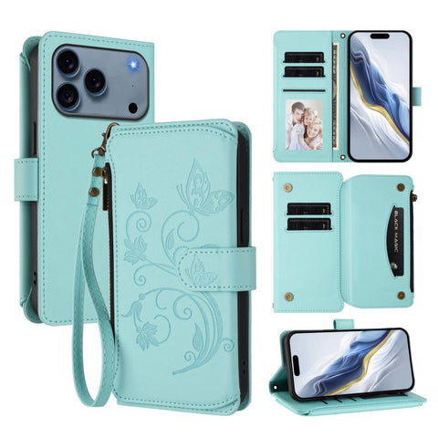 Butterfly Love Flower Multi-card Zipper Wallet Leather Phone Case, For iPhone 18 Pro / 17 Pro, For iPhone 18 Pro Max / 17 Pro Max, For iPhone 17e / 16e, For iPhone 17, For iPhone Air, For iPhone 16 Pro Max