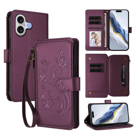 Butterfly Love Flower Multi-card Zipper Wallet Leather Phone Case, For iPhone 18 Pro / 17 Pro, For iPhone 18 Pro Max / 17 Pro Max, For iPhone 17e / 16e, For iPhone 17, For iPhone Air, For iPhone 16 Pro Max