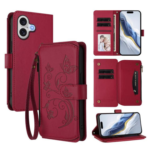 Butterfly Love Flower Multi-card Zipper Wallet Leather Phone Case, For iPhone 18 Pro / 17 Pro, For iPhone 18 Pro Max / 17 Pro Max, For iPhone 17e / 16e, For iPhone 17, For iPhone Air, For iPhone 16 Pro Max