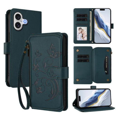 Butterfly Love Flower Multi-card Zipper Wallet Leather Phone Case, For iPhone 18 Pro / 17 Pro, For iPhone 18 Pro Max / 17 Pro Max, For iPhone 17e / 16e, For iPhone 17, For iPhone Air, For iPhone 16 Pro Max