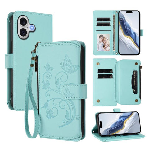 Butterfly Love Flower Multi-card Zipper Wallet Leather Phone Case, For iPhone 18 Pro / 17 Pro, For iPhone 18 Pro Max / 17 Pro Max, For iPhone 17e / 16e, For iPhone 17, For iPhone Air, For iPhone 16 Pro Max