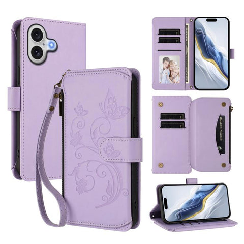 Butterfly Love Flower Multi-card Zipper Wallet Leather Phone Case, For iPhone 18 Pro / 17 Pro, For iPhone 18 Pro Max / 17 Pro Max, For iPhone 17e / 16e, For iPhone 17, For iPhone Air, For iPhone 16 Pro Max