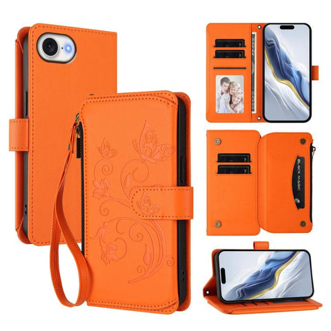 Butterfly Love Flower Multi-card Zipper Wallet Leather Phone Case, For iPhone 18 Pro / 17 Pro, For iPhone 18 Pro Max / 17 Pro Max, For iPhone 17e / 16e, For iPhone 17, For iPhone Air, For iPhone 16 Pro Max