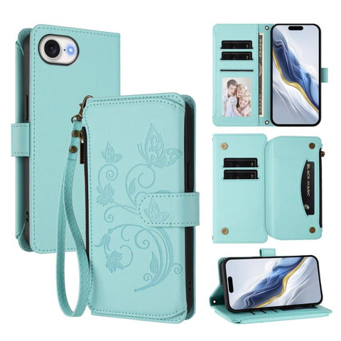 Butterfly Love Flower Multi-card Zipper Wallet Leather Phone Case, For iPhone 18 Pro / 17 Pro, For iPhone 18 Pro Max / 17 Pro Max, For iPhone 17e / 16e, For iPhone 17, For iPhone Air, For iPhone 16 Pro Max