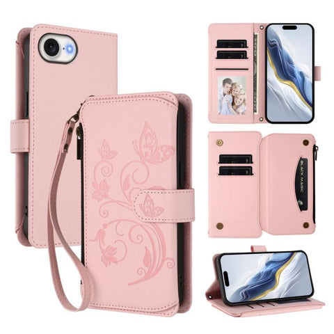 Butterfly Love Flower Multi-card Zipper Wallet Leather Phone Case, For iPhone 18 Pro / 17 Pro, For iPhone 18 Pro Max / 17 Pro Max, For iPhone 17e / 16e, For iPhone 17, For iPhone Air, For iPhone 16 Pro Max