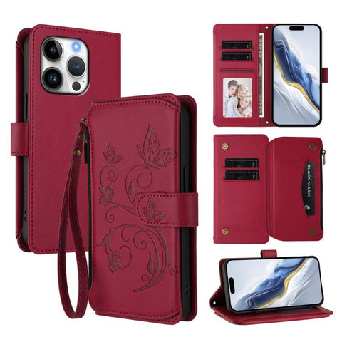 Butterfly Love Flower Multi-card Zipper Wallet Leather Phone Case, For iPhone 18 Pro / 17 Pro, For iPhone 18 Pro Max / 17 Pro Max, For iPhone 17e / 16e, For iPhone 17, For iPhone Air, For iPhone 16 Pro Max