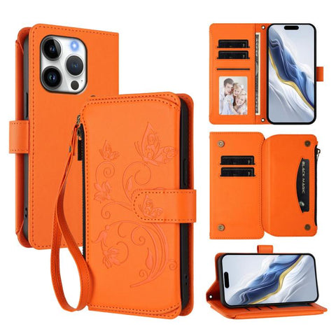Butterfly Love Flower Multi-card Zipper Wallet Leather Phone Case, For iPhone 18 Pro / 17 Pro, For iPhone 18 Pro Max / 17 Pro Max, For iPhone 17e / 16e, For iPhone 17, For iPhone Air, For iPhone 16 Pro Max