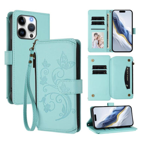Butterfly Love Flower Multi-card Zipper Wallet Leather Phone Case, For iPhone 18 Pro / 17 Pro, For iPhone 18 Pro Max / 17 Pro Max, For iPhone 17e / 16e, For iPhone 17, For iPhone Air, For iPhone 16 Pro Max