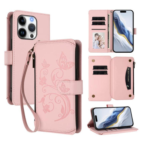 Butterfly Love Flower Multi-card Zipper Wallet Leather Phone Case, For iPhone 18 Pro / 17 Pro, For iPhone 18 Pro Max / 17 Pro Max, For iPhone 17e / 16e, For iPhone 17, For iPhone Air, For iPhone 16 Pro Max