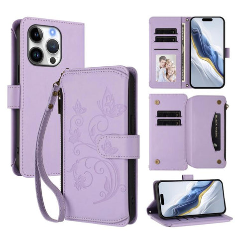 Butterfly Love Flower Multi-card Zipper Wallet Leather Phone Case, For iPhone 16 Pro, For iPhone 16 Plus, For iPhone 16, For iPhone 15 Pro Max, For iPhone 15 Pro, For iPhone 15 Plus