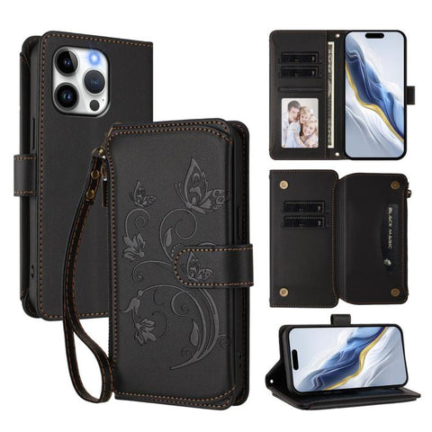 Butterfly Love Flower Multi-card Zipper Wallet Leather Phone Case, For iPhone 16 Pro, For iPhone 16 Plus, For iPhone 16, For iPhone 15 Pro Max, For iPhone 15 Pro, For iPhone 15 Plus
