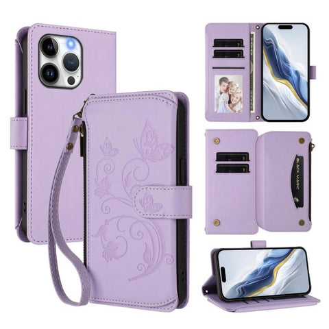 Butterfly Love Flower Multi-card Zipper Wallet Leather Phone Case, For iPhone 16 Pro, For iPhone 16 Plus, For iPhone 16, For iPhone 15 Pro Max, For iPhone 15 Pro, For iPhone 15 Plus