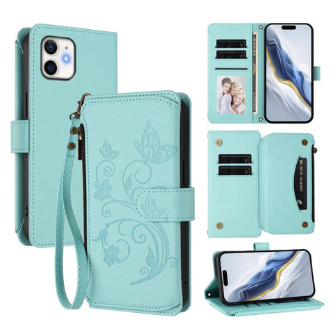 Butterfly Love Flower Multi-card Zipper Wallet Leather Phone Case, For iPhone 13 Pro Max, For iPhone 13 Pro, For iPhone 13 mini, For iPhone 12 / 12 Pro, For iPhone 12 Pro Max, For iPhone 12 mini