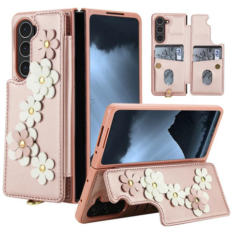 Crossbody Flower Pattern Leather Phone Case, For Galaxy Z Fold8 Ultra 5G, For Samsung Galaxy Z Fold7 5G, For Samsung Galaxy Z Fold5, For Samsung Galaxy Z Fold4