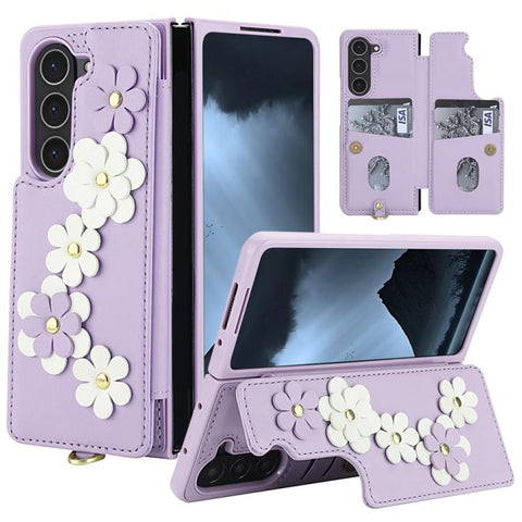 Crossbody Flower Pattern Leather Phone Case, For Galaxy Z Fold8 Ultra 5G, For Samsung Galaxy Z Fold7 5G, For Samsung Galaxy Z Fold5, For Samsung Galaxy Z Fold4