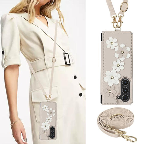Crossbody Flower Pattern Leather Phone Case, For Galaxy Z Fold8 Ultra 5G, For Samsung Galaxy Z Fold7 5G, For Samsung Galaxy Z Fold5, For Samsung Galaxy Z Fold4