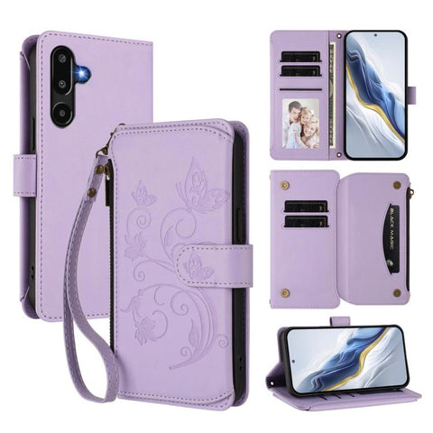 Butterfly Love Flower Multi-card Zipper Wallet Leather Phone Case, For Samsung Galaxy M56 5G, For Samsung Galaxy M16 5G / F16 5G, For Samsung Galaxy M06 5G / F06 5G, For Samsung Galaxy M35 5G, For Samsung Galaxy M55 / C55, For Samsung Galaxy XCover7 Pro
