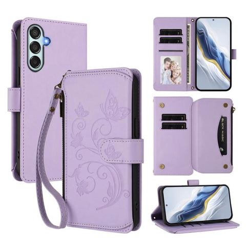 Butterfly Love Flower Multi-card Zipper Wallet Leather Phone Case, For Samsung Galaxy M56 5G, For Samsung Galaxy M16 5G / F16 5G, For Samsung Galaxy M06 5G / F06 5G, For Samsung Galaxy M35 5G, For Samsung Galaxy M55 / C55, For Samsung Galaxy XCover7 Pro