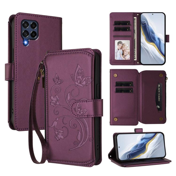 Butterfly Love Flower Multi-card Zipper Wallet Leather Phone Case, For Samsung Galaxy M53 5G, For Samsung Galaxy M33 5G
