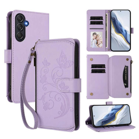 Butterfly Love Flower Multi-card Zipper Wallet Leather Phone Case, For Samsung Galaxy M56 5G, For Samsung Galaxy M16 5G / F16 5G, For Samsung Galaxy M06 5G / F06 5G, For Samsung Galaxy M35 5G, For Samsung Galaxy M55 / C55, For Samsung Galaxy XCover7 Pro
