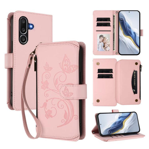 Butterfly Love Flower Multi-card Zipper Wallet Leather Phone Case, For Samsung Galaxy M56 5G, For Samsung Galaxy M16 5G / F16 5G, For Samsung Galaxy M06 5G / F06 5G, For Samsung Galaxy M35 5G, For Samsung Galaxy M55 / C55, For Samsung Galaxy XCover7 Pro