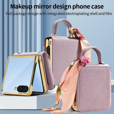 VIETAO Litchi Pattern Makeup Mirror PU Phone Case with Silk Scarf, For Galaxy Z Flip8 5G, For Samsung Galaxy Z Flip7